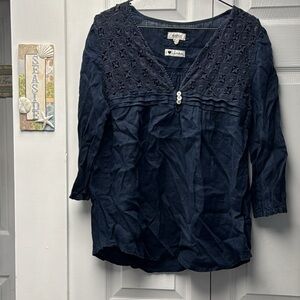 Blue Relaxed linen Embellished Blouse